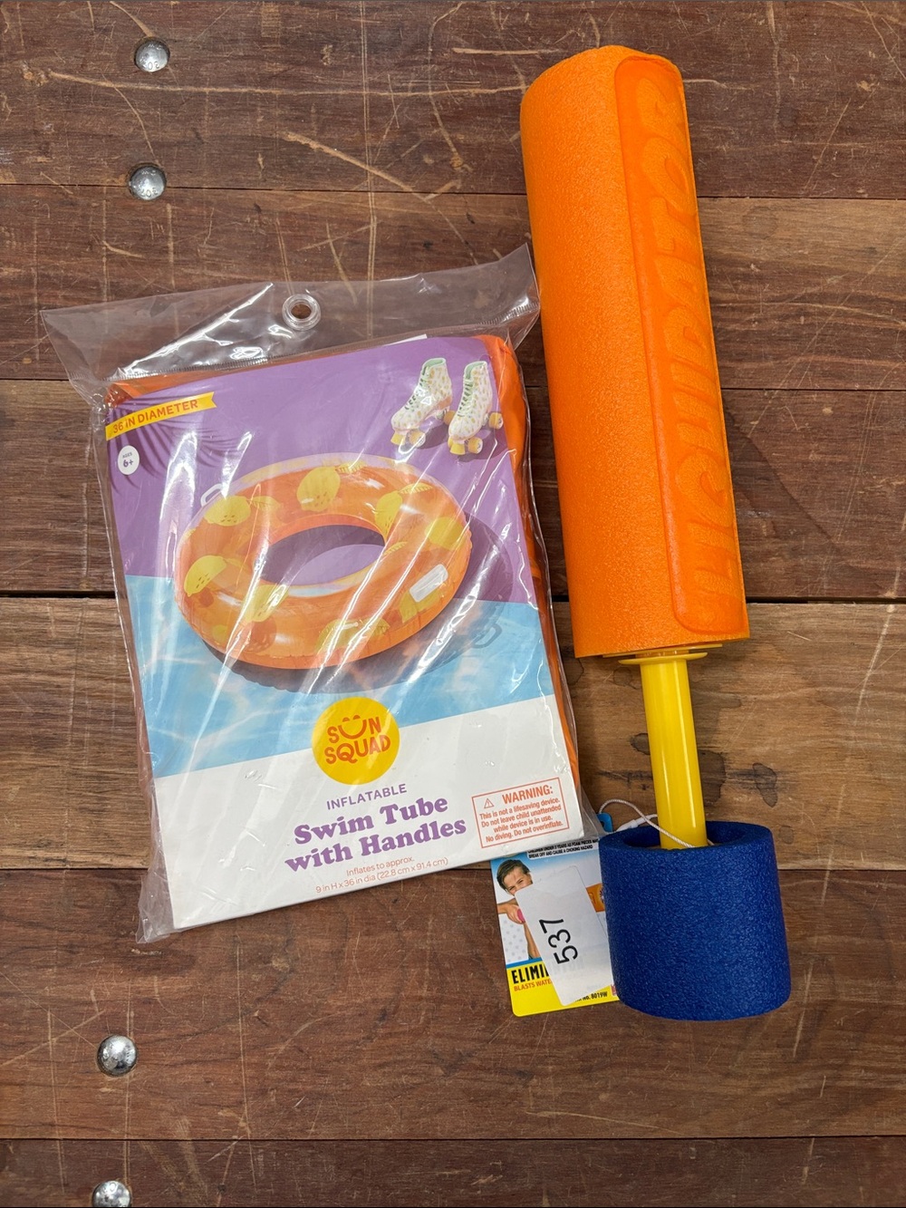 Orange Inflatable Swim Tube with Handles & Blue Foam Water Blaster